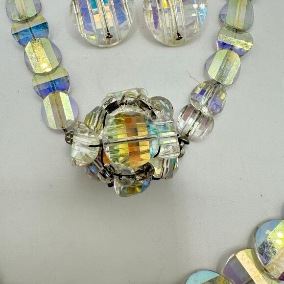 1950s vintage glass aurora borealis AB graduated beaded necklace earrings brooch - Picture 4 of 8